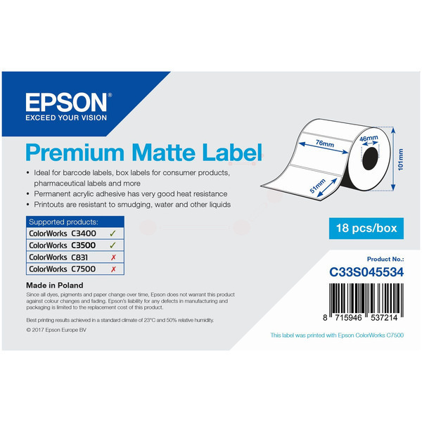 Etikettenrolle die-cut 76mm x 51mm TK-Ep-C33S045534-bkO für Epson TM-C 3400 Series