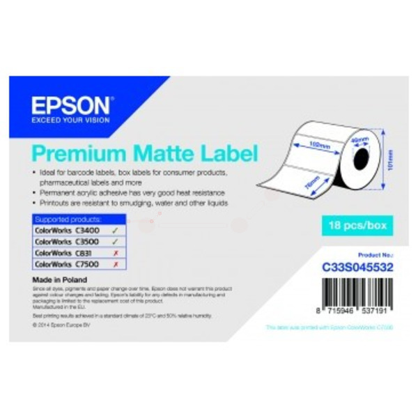 Etikettenrolle matt die-cut 102mm x 76mm TK-Ep-C33S045532-bkO für Epson TM-C 3400 Series