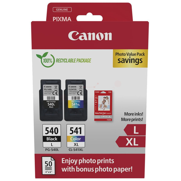 Druckkopfpatrone Multipack schwarz + color + Fotopapier 10x15cm 50 Blatt Blister mit Sicherheitsband Set-Ca-PG540L-4O für Canon Pixma MX 370