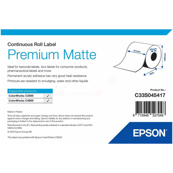 Etikettenrolle matt Premium 51mm x 35m TK-Ep-C33S045417-bkO für Epson ColorWorks C 3500