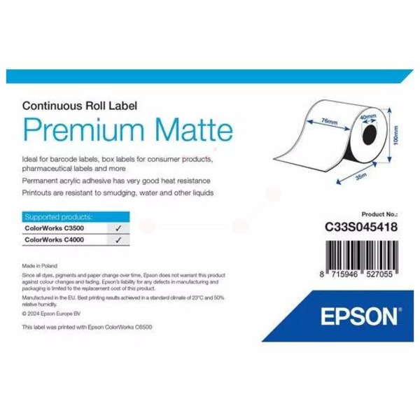 Etikettenrolle matt Premium 76mm x 35m TK-Ep-C33S045418-bkO für Epson ColorWorks C 3500